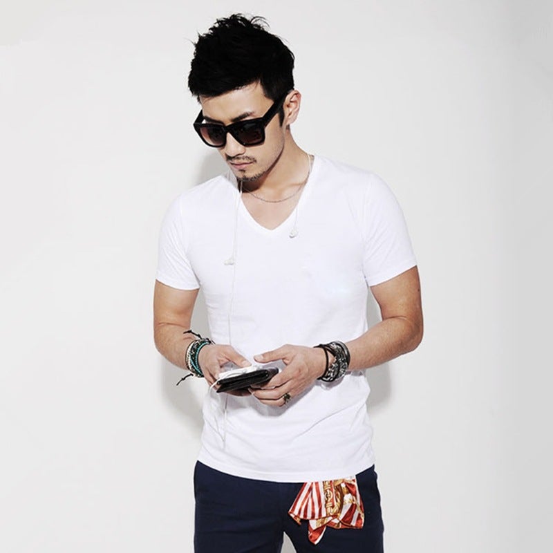 Cool Mens Summer Short Sleeve T-shirts Korean Style Slim Fit Solid Color V-Neck Base Layer Tops For Men Free Shipping White V-neck  - Image 1