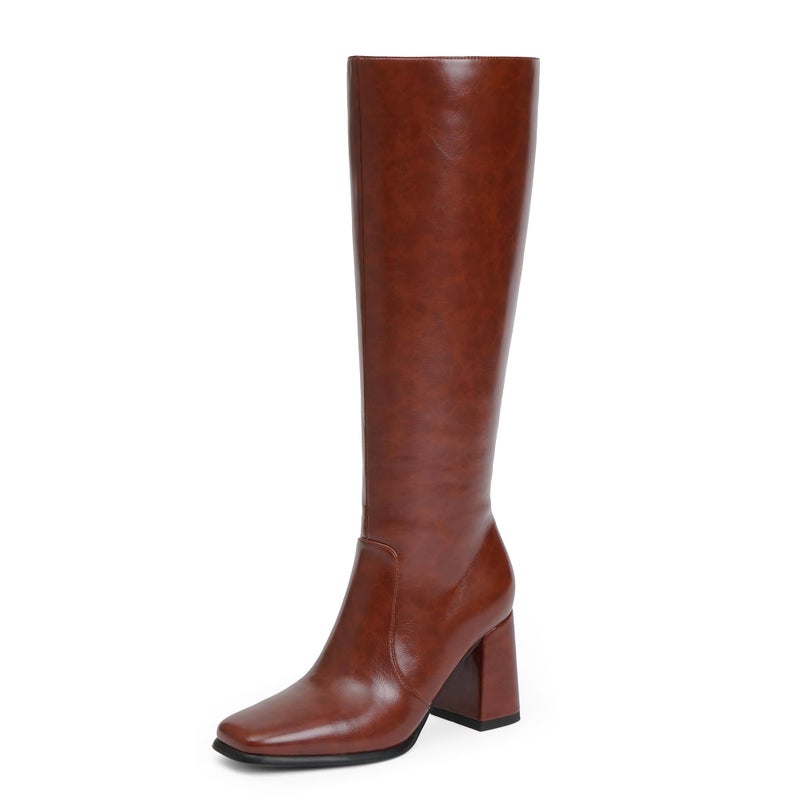 QIY Knee High Boots Women Chunky Heel Brown Womens Fall Boots High Heel Square Toe Long Boots Side Zipper Heeled Boots for Women Size 7 - Image 1