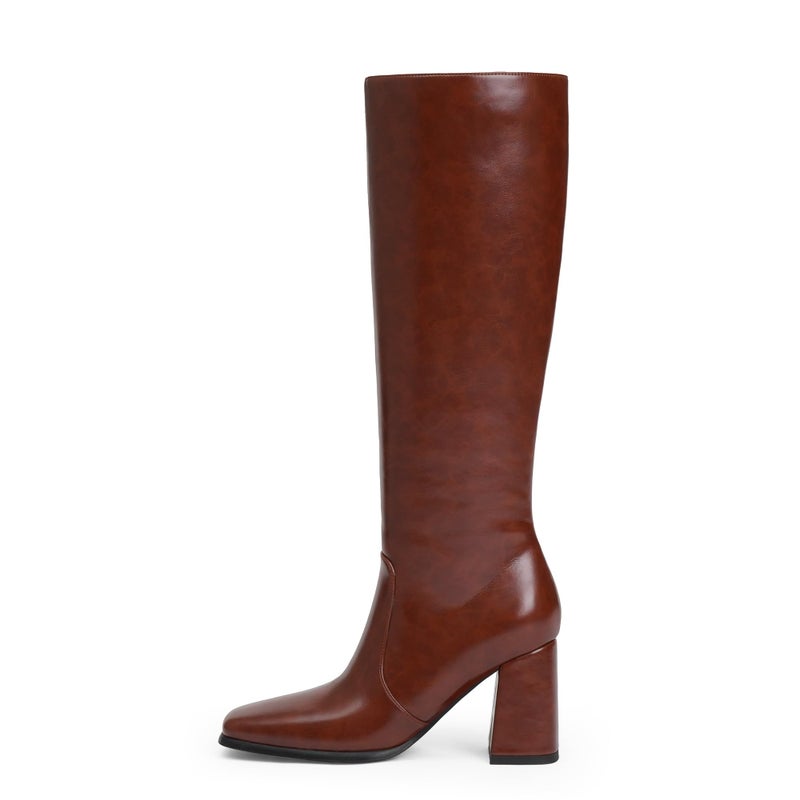 QIY Knee High Boots Women Chunky Heel Brown Womens Fall Boots High Heel Square Toe Long Boots Side Zipper Heeled Boots for Women Size 7 - Image 4