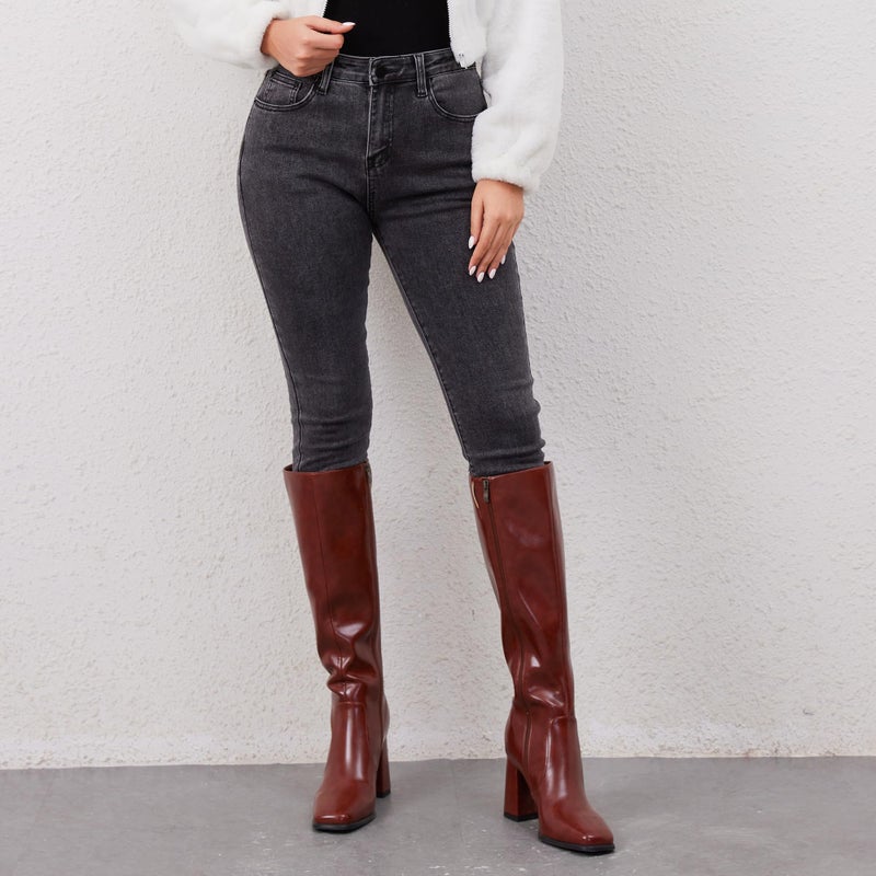 QIY Knee High Boots Women Chunky Heel Brown Womens Fall Boots High Heel Square Toe Long Boots Side Zipper Heeled Boots for Women Size 7 - Image 2