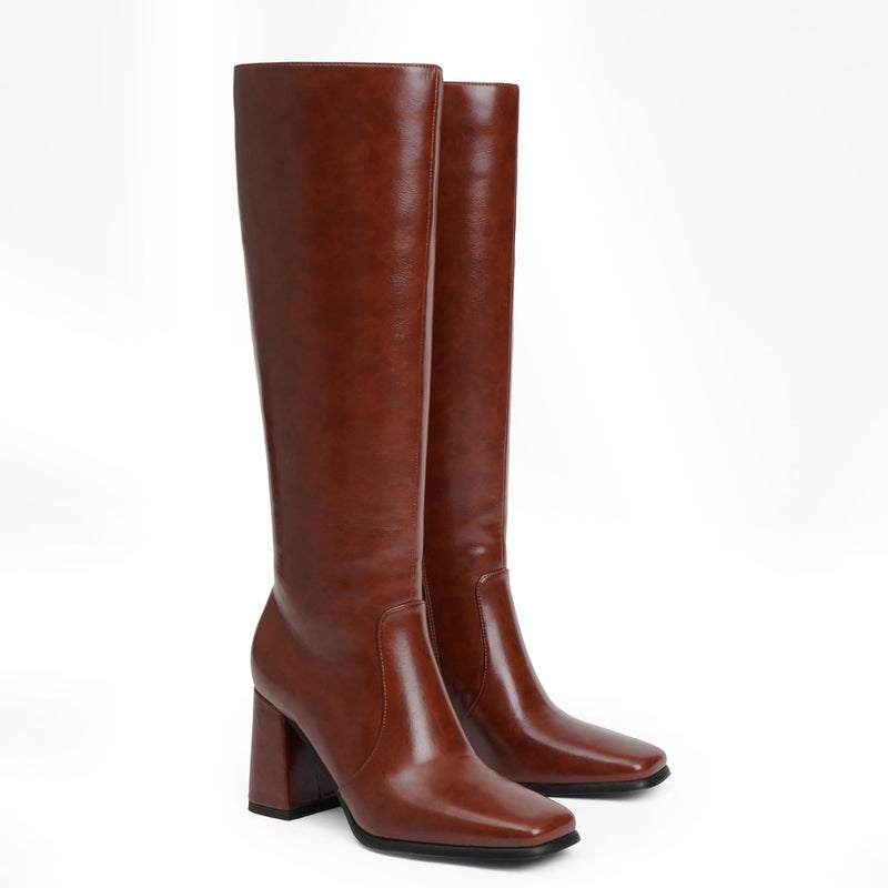 QIY Knee High Boots Women Chunky Heel Brown Womens Fall Boots High Heel Square Toe Long Boots Side Zipper Heeled Boots for Women Size 7 - Image 5