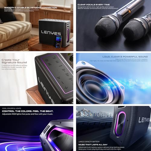 Lenyes S861 80W RMS (150W Peak) Portable Bluetooth Speaker | 2 Wireless Mics | Karaoke Function | 12000mAh Battery | up to 20H Playtime | RGB LED Lights | USB/TF/AUX | Deep Bass Sound – Black - Image 4