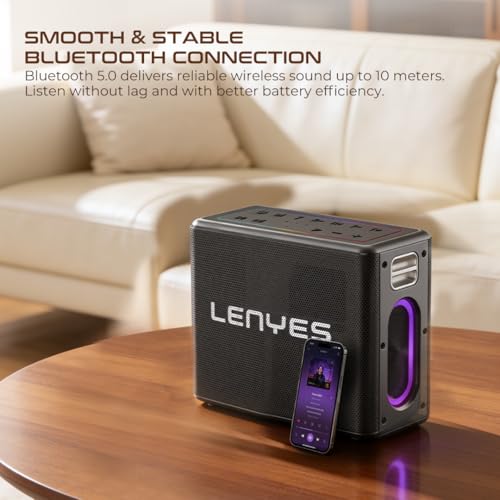 Lenyes S861 80W RMS (150W Peak) Portable Bluetooth Speaker | 2 Wireless Mics | Karaoke Function | 12000mAh Battery | up to 20H Playtime | RGB LED Lights | USB/TF/AUX | Deep Bass Sound – Black - Image 2