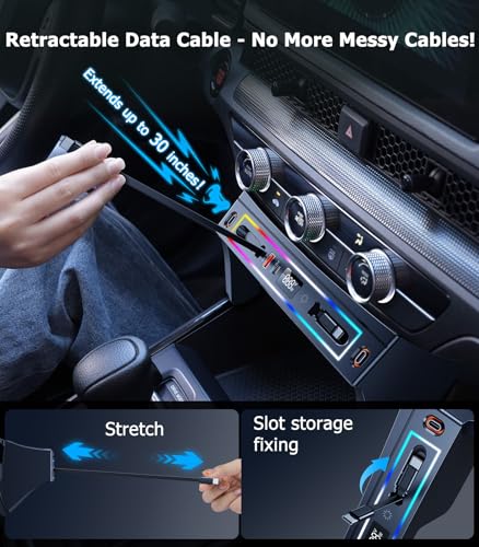 DICMKY for Honda CRV Car Charger USB Hub with RGB Light, 4-Port Retractable Cable Docking Station for Honda CR-V Accessories 2026 2025 2024 2023, Center Console Phone Fast Charger Hub Voltage Display - Image 3