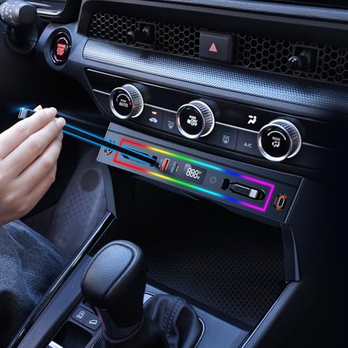 DICMKY for Honda CRV Car Charger USB Hub with RGB Light, 4-Port Retractable Cable Docking Station for Honda CR-V Accessories 2026 2025 2024 2023, Center Console Phone Fast Charger Hub Voltage Display - Image 1