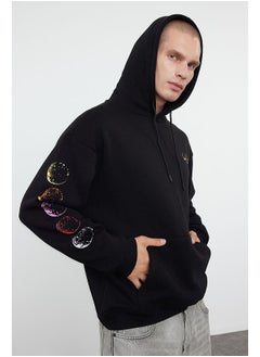 Black Oversize/Wide Cut Hooded Sweatshirt with Fleece Inside Reflective Print - pzsku/ZBA62008531C6A77F9986Z/45/_/1738832904/903fb46b-3e9b-4a8f-93fe-734f1cf2f0ec