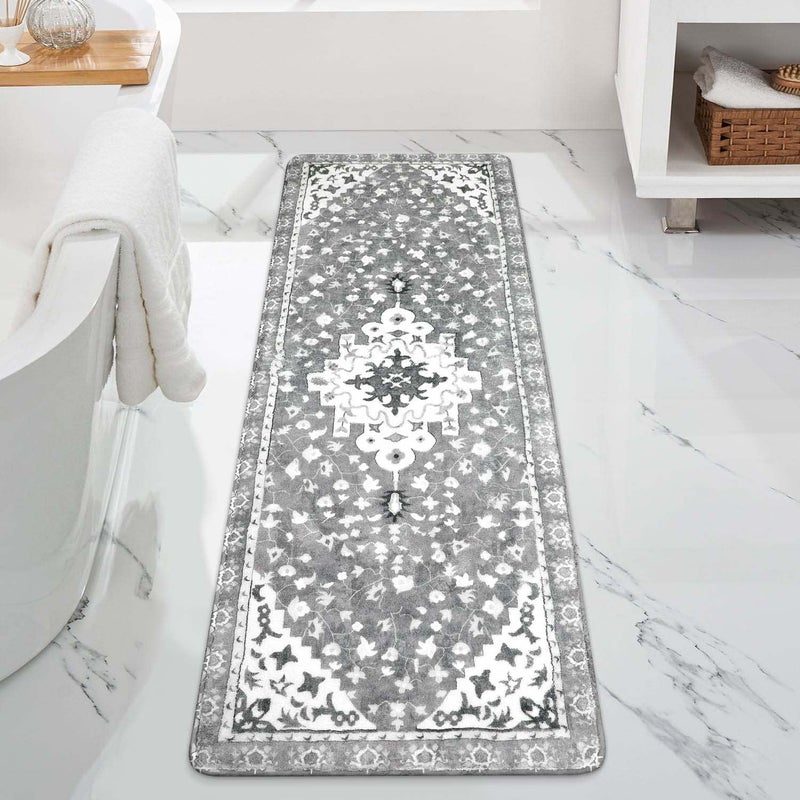 Uphome Boho Vintage Bathroom Rug Runner Gray Non-Slip Soft Long Bath Mat Machine Washable Oriental Bathroom Mats Traditional Tribal Floral Bath Rugs for Sink Shower Tub, 20x59 inch - Image 1