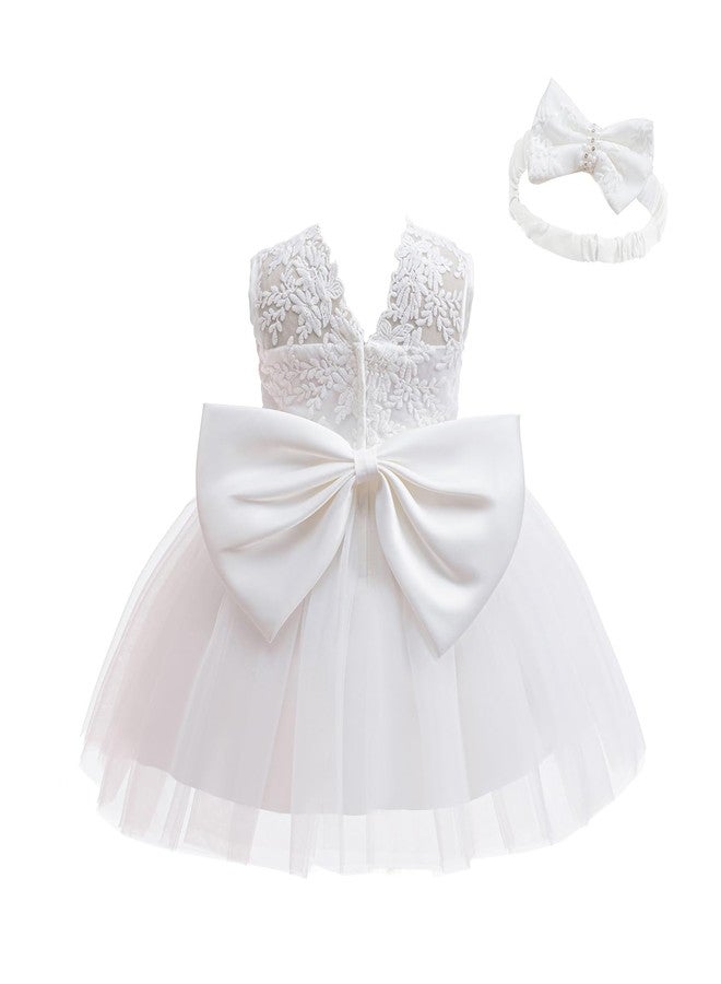 DPKM Lace Flower Baby Girl Dress with Big Bowknot Toddler Tulle Tutu for Formal Birthday Party - Image 1