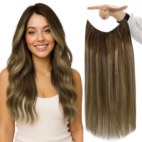 Fshine Invisible Wire Hair Extensions Balayage Medium Brown to Caramel Blonde Secret Wire Extensions with Transparent Fish Line Extension Straight Human Hair 20 Inch 86 G - Image 2