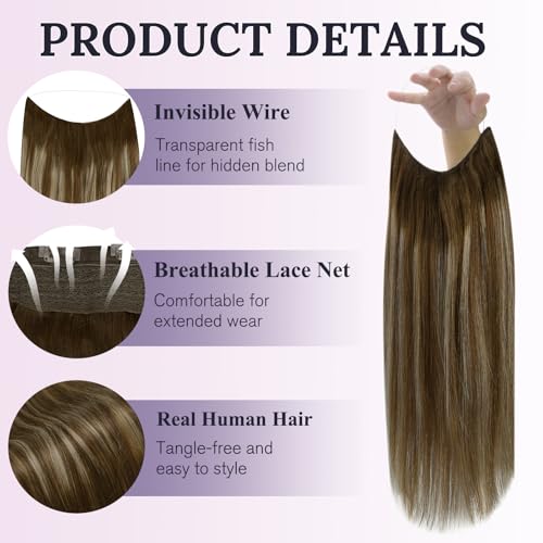 Fshine Invisible Wire Hair Extensions Balayage Medium Brown to Caramel Blonde Secret Wire Extensions with Transparent Fish Line Extension Straight Human Hair 20 Inch 86 G - Image 5