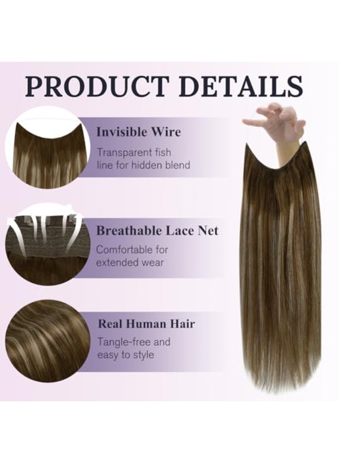 Fshine Invisible Wire Hair Extensions Balayage Medium Brown to Caramel Blonde Secret Wire Extensions with Transparent Fish Line Extension Straight Human Hair 20 Inch 86 G - Image 4