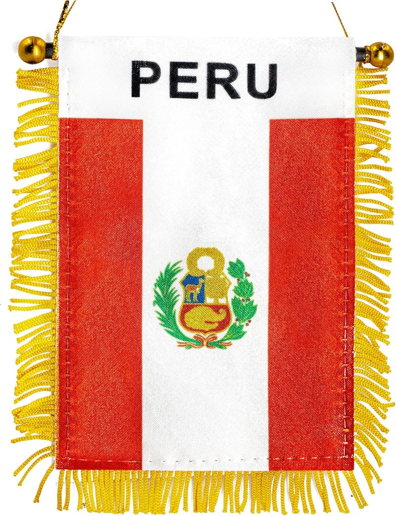 Anley 4 X 6 Inch Peru Fringy Window Hanging Flag - Mini Flag Banner & Car Rearview Mirror Décor - Fringed & Double Sided - Peruvian Hanging Flag with Suction Cup - Image 1