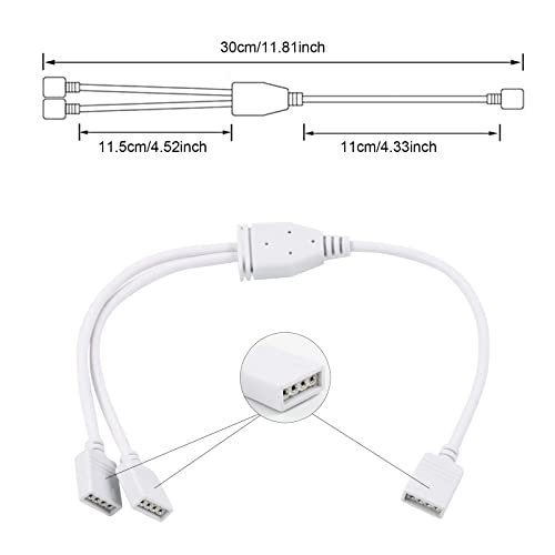 RGBZONE حزمة 2 كابل موصل تقسيم LED RGB 4 دبابيس 1 إلى 2 أنثوي مع 6 موصلات ذكر 4 دبابيس مجانية لشريط LED RGB 5050 3528 (30 سم/12 بوصة) - Image 2