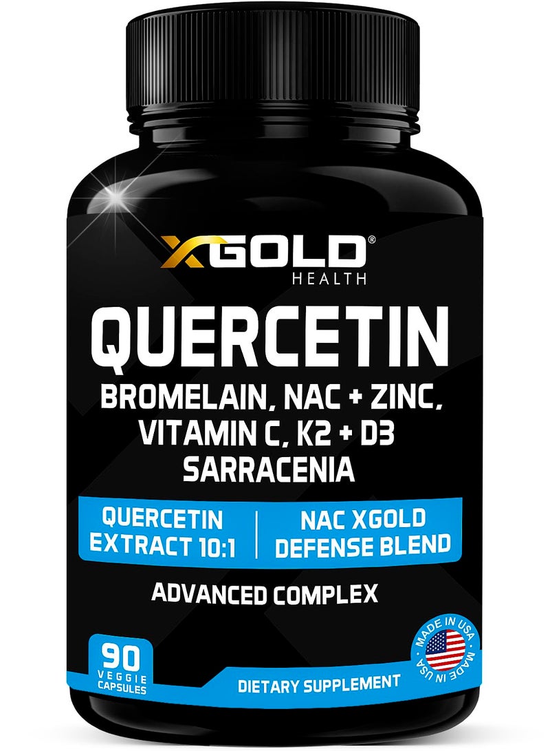 X Gold Health Quercetin Complex | XGold Defense Blend: Immune Support with 10:1 Quercetin Extract, Bromelain, NAC, Zinc, Vitamin C, K2 + D3, Elderberry, Turmeric, Ginger, and More - Image 1