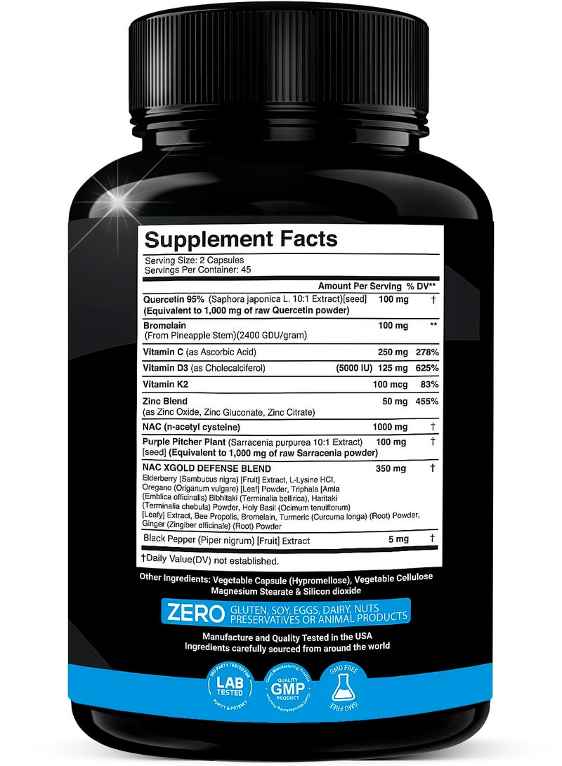 X Gold Health Quercetin Complex | XGold Defense Blend: Immune Support with 10:1 Quercetin Extract, Bromelain, NAC, Zinc, Vitamin C, K2 + D3, Elderberry, Turmeric, Ginger, and More - Image 2