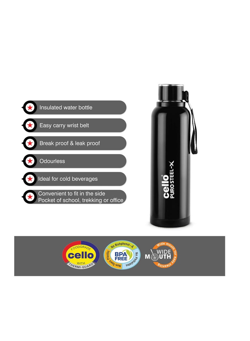 Cello Puro Steel-X Benz | Leak Proof| Wide Mouth & Easy to Open | Insulated Inner Steel Outer Plastic Water Bottle | 730 | Black - Image 2