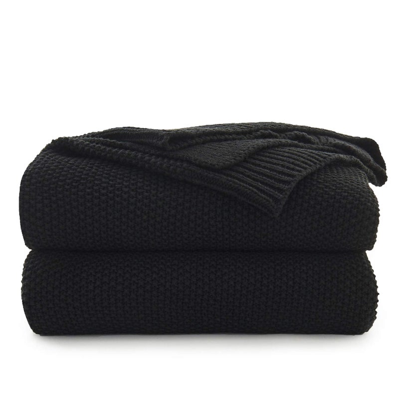 Black Cotton Cable Knit Throw Blanket for Couch Sofa Chair Bed Home Decorative 25 Pounds 50 x 60 Inch Lightweight Woven Throw Blankets with Bonus Laundering Bag Machine Wash