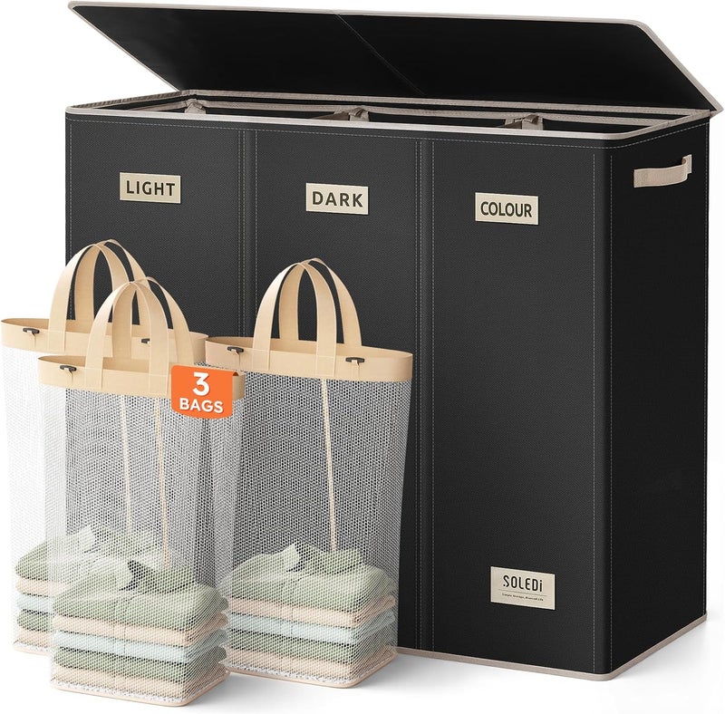 SOLEDI 200L Laundry Basket 3 Compartments, Extra Large Laundry Hamper with Lid, Clothes Basket with Laundry Bag, Sturdy Laundry Storage Organizer for Laundry Room, Bedroom, Bathroom, Dorm, Black - Image 1