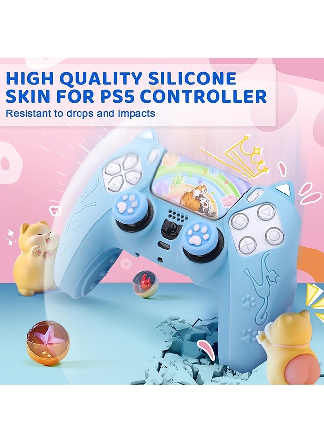 Wffo Cute Cat Paw PS5 Controller Skin - Silicone Controller Cover for PlayStation 5 Wireless Grip - with 2 Thumb Grip Caps - 1 cat Sticker - Anti-Slip Controller Cover Case - Blue - Image 2