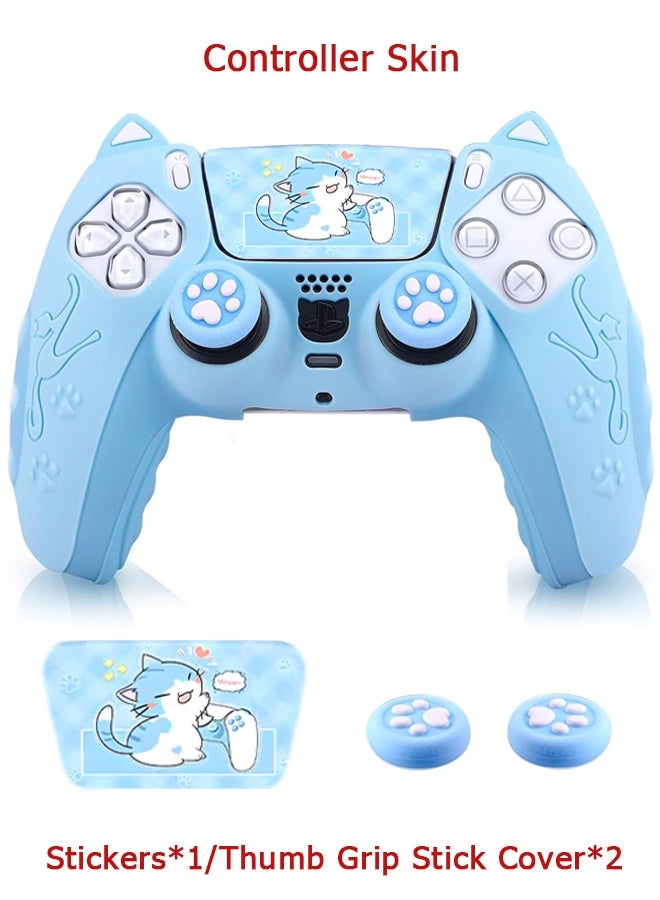 Wffo Cute Cat Paw PS5 Controller Skin - Silicone Controller Cover for PlayStation 5 Wireless Grip - with 2 Thumb Grip Caps - 1 cat Sticker - Anti-Slip Controller Cover Case - Blue - Image 1