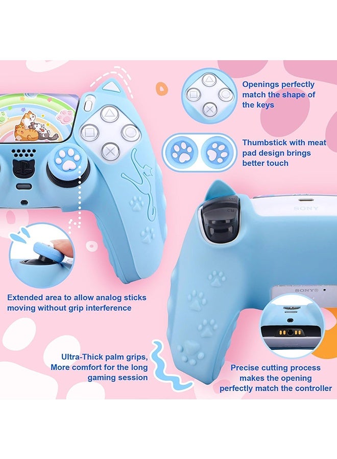 Wffo Cute Cat Paw PS5 Controller Skin - Silicone Controller Cover for PlayStation 5 Wireless Grip - with 2 Thumb Grip Caps - 1 cat Sticker - Anti-Slip Controller Cover Case - Blue - Image 3
