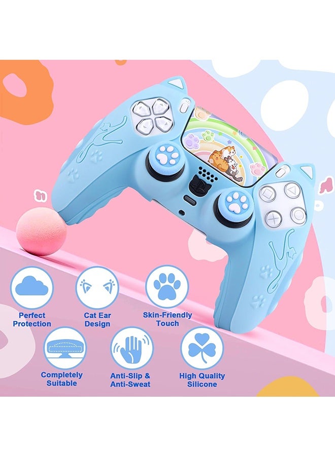 Wffo Cute Cat Paw PS5 Controller Skin - Silicone Controller Cover for PlayStation 5 Wireless Grip - with 2 Thumb Grip Caps - 1 cat Sticker - Anti-Slip Controller Cover Case - Blue - Image 5