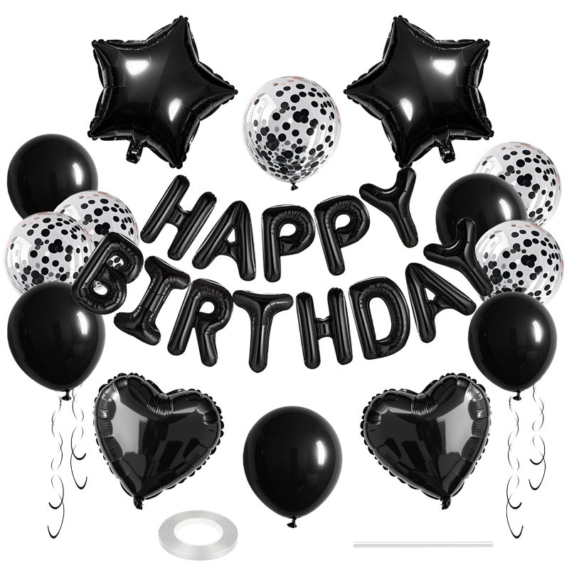 WEIKA 27 Pcs Black Birthday Decorations 3D Foil Black Happy Birthday Balloon Banner Pentagram Heart Foil Balloons Confetti Balloons Kit For Boys Girls Birthday Party Supplies - Image 3