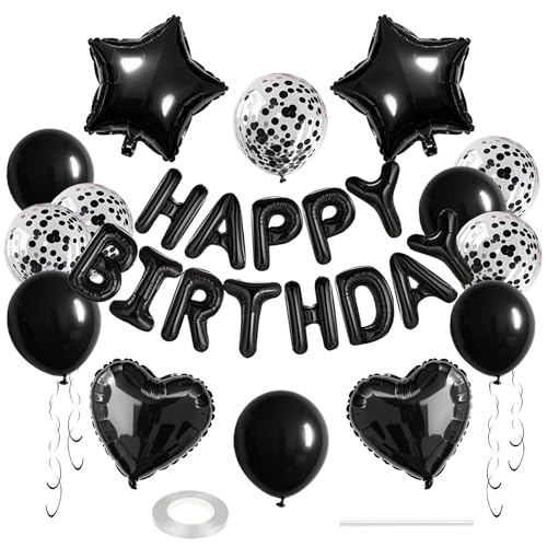WEIKA 27 Pcs Black Birthday Decorations 3D Foil Black Happy Birthday Balloon Banner Pentagram Heart Foil Balloons Confetti Balloons Kit For Boys Girls Birthday Party Supplies - Image 1