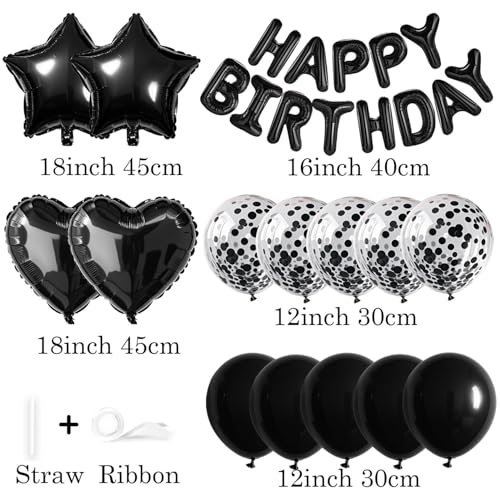 WEIKA 27 Pcs Black Birthday Decorations 3D Foil Black Happy Birthday Balloon Banner Pentagram Heart Foil Balloons Confetti Balloons Kit For Boys Girls Birthday Party Supplies - Image 5