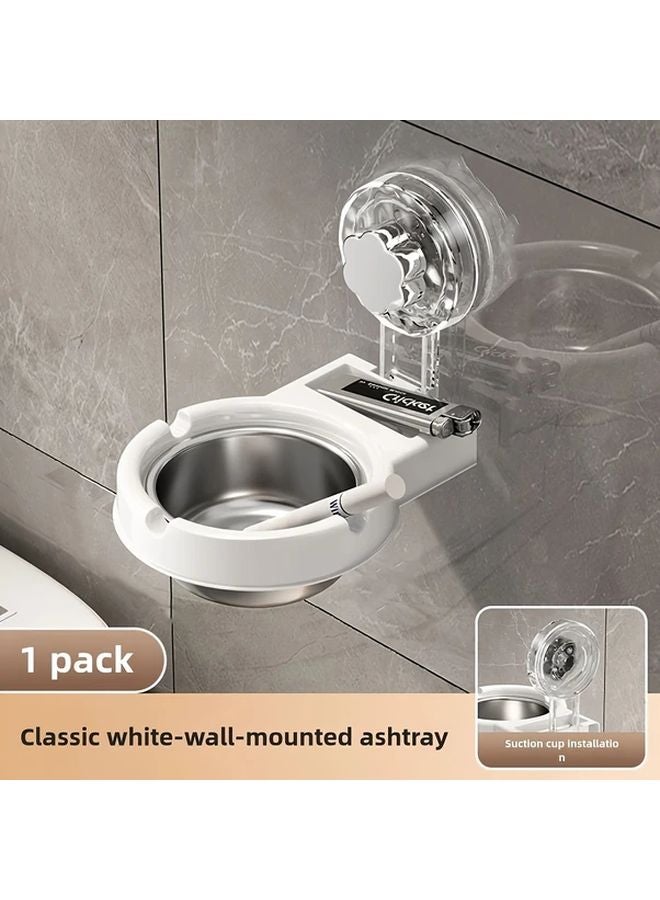 مقلاة سجائر بيضاء مثبتة على الحائط مع مرحاض - تشغيل بلمسة واحدة، غطاء مقاوم للانسكاب، لا حاجة للثقب - Image 1