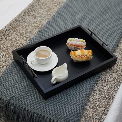 DDS Dream Decor Shoppee Serving Tray,Tray For Coffee Table With Polished Metal Handles, Living Room Bed Room Coffee Bar Organizer Modern Decorative Tray (Full Black, Rectangular) - Image 1