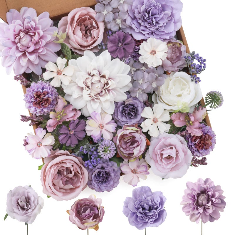 Floweroyal Artificial Flowers Combo Purple Flowers Mix Silk Flowers Dahlia Roses with Stems for DIY Wedding Bridal Bouquets, Baby Shower, Floral Arrangement, Table Centerpieces, Home Decorations. - Image 1