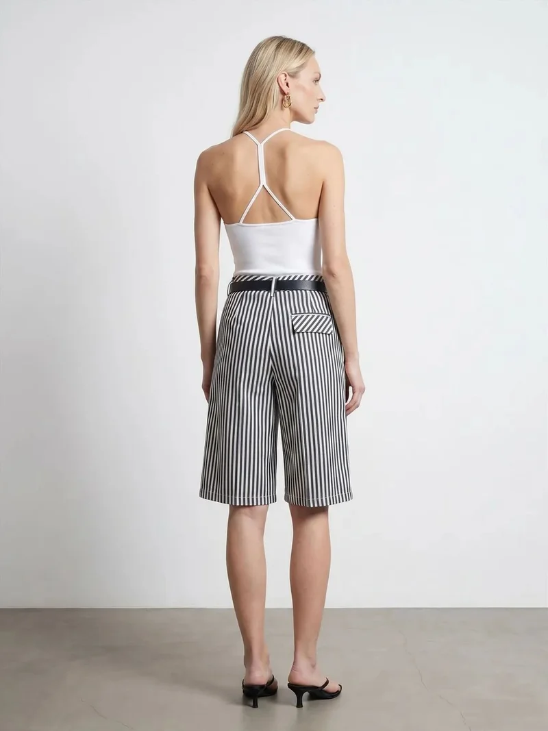 Dilvin DILVIN Women's High-waist Striped Belted Tailored Shorts