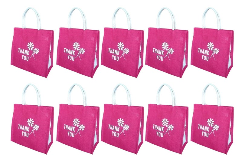 SOMAN Jute Ecofriendly Return Gift Bags Thank You Printed with Zip Pink Pack of 10 Bags - Image 1