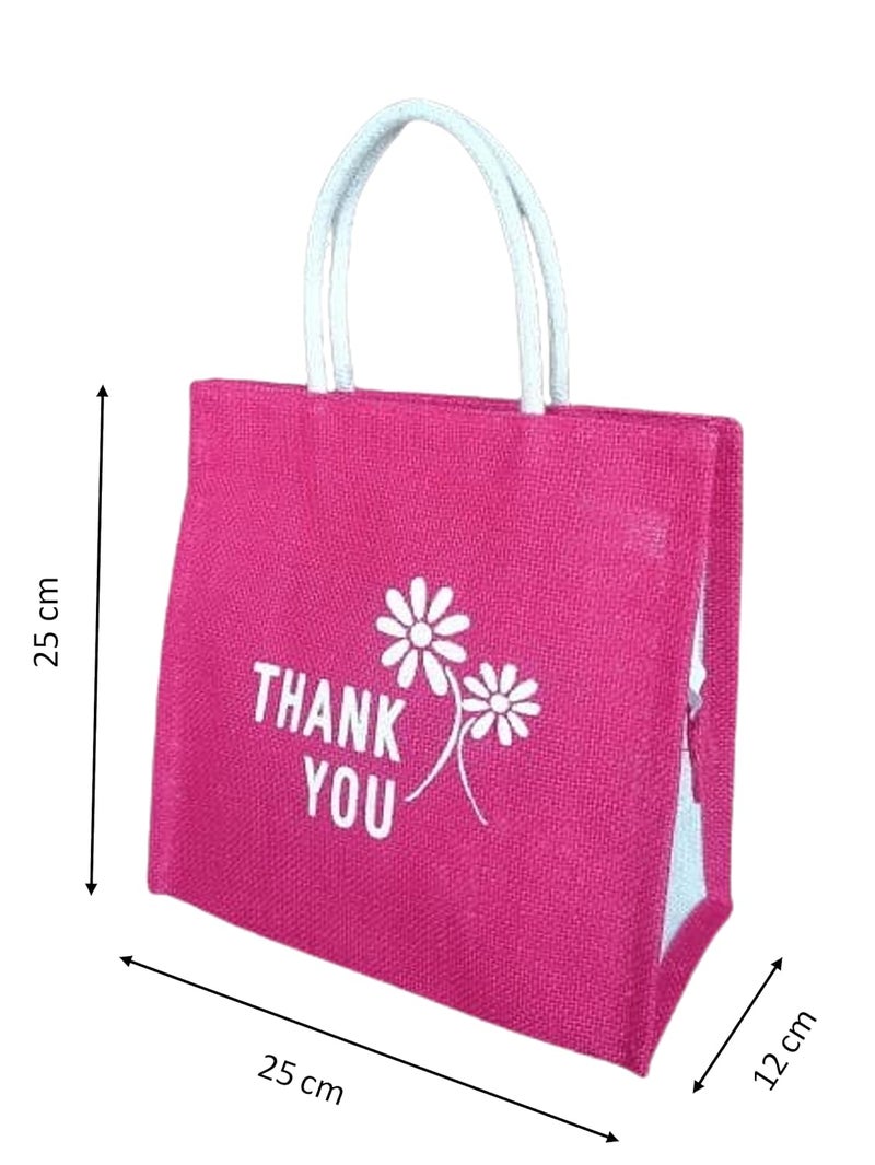 SOMAN Jute Ecofriendly Return Gift Bags Thank You Printed with Zip Pink Pack of 10 Bags - Image 2