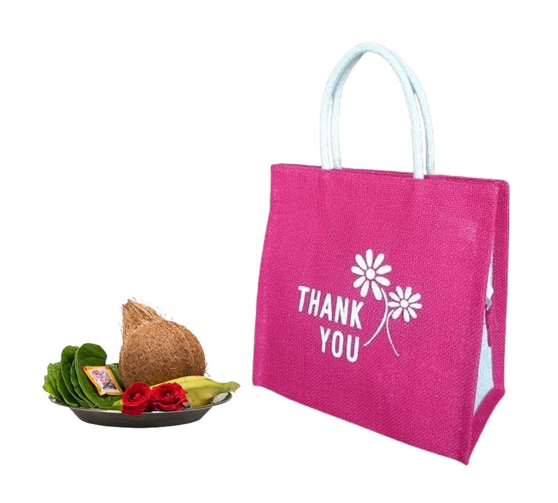SOMAN Jute Ecofriendly Return Gift Bags Thank You Printed with Zip Pink Pack of 10 Bags - Image 3