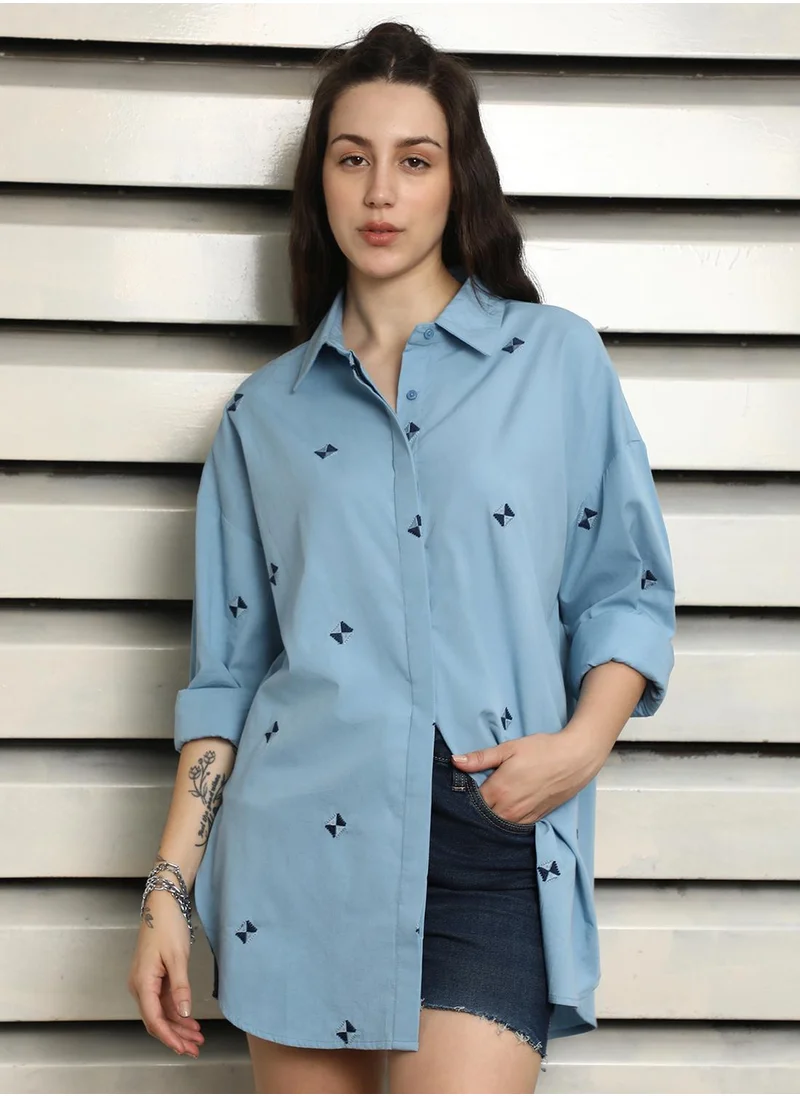 HIGH STAR Women's Blue 100% Cotton Embroidered Button Down Oversized Shirt