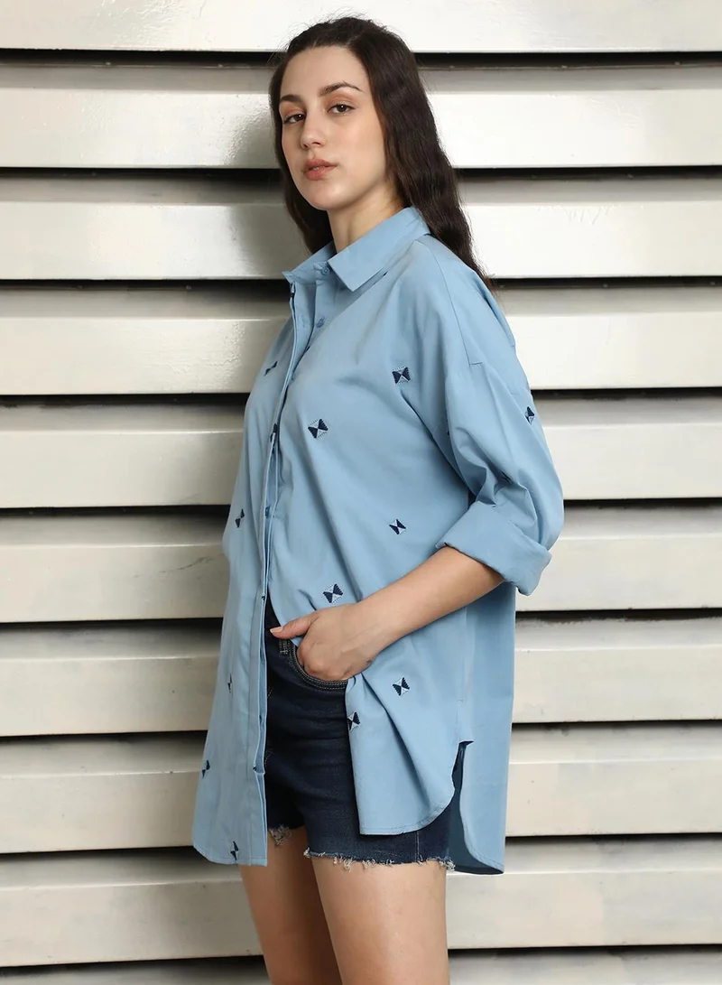 HIGH STAR Women's Blue 100% Cotton Embroidered Button Down Oversized Shirt