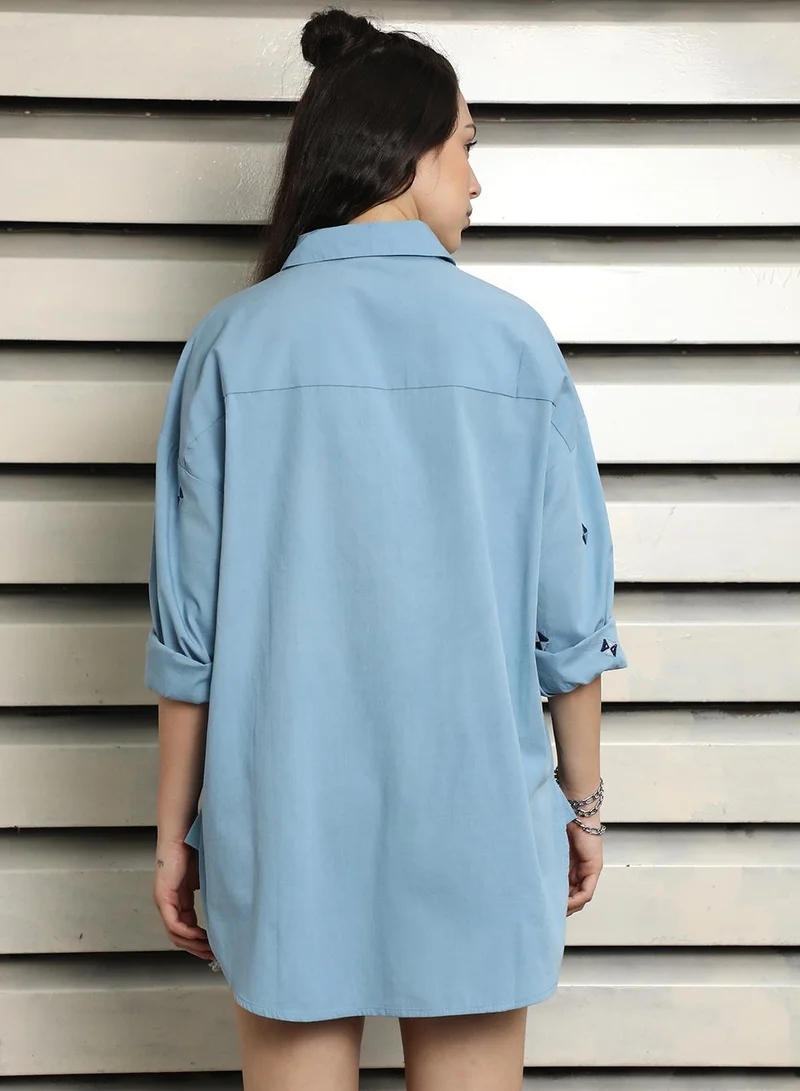 HIGH STAR Women's Blue 100% Cotton Embroidered Button Down Oversized Shirt