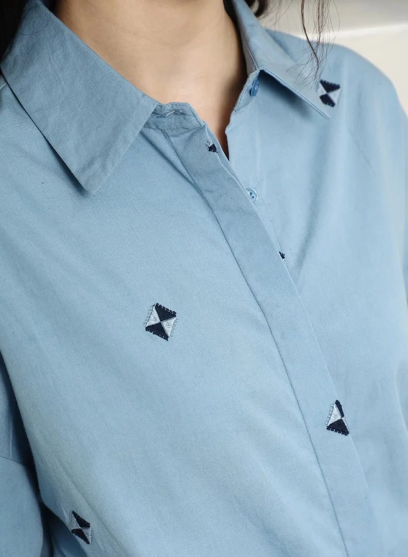 HIGH STAR Women's Blue 100% Cotton Embroidered Button Down Oversized Shirt