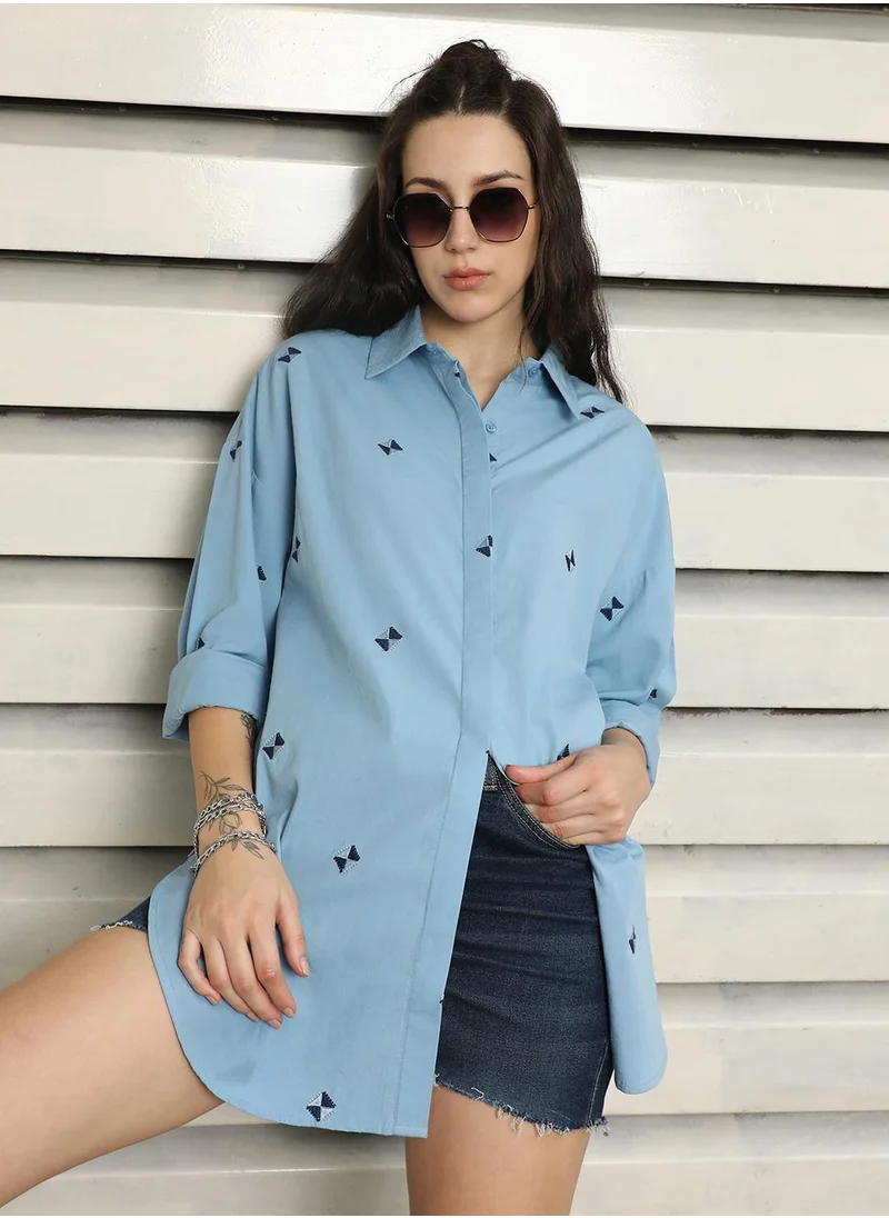 HIGH STAR Women's Blue 100% Cotton Embroidered Button Down Oversized Shirt