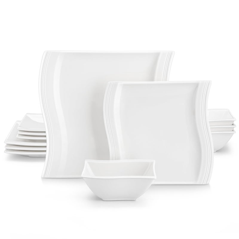 MALACASA Ivory White Dinnerware Set, 12 Pieces - Porcelain Dinner Plates, Dessert Plates and Bowls, Square Flora Pattern - Image 1