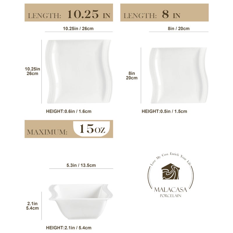 MALACASA Ivory White Dinnerware Set, 12 Pieces - Porcelain Dinner Plates, Dessert Plates and Bowls, Square Flora Pattern - Image 2
