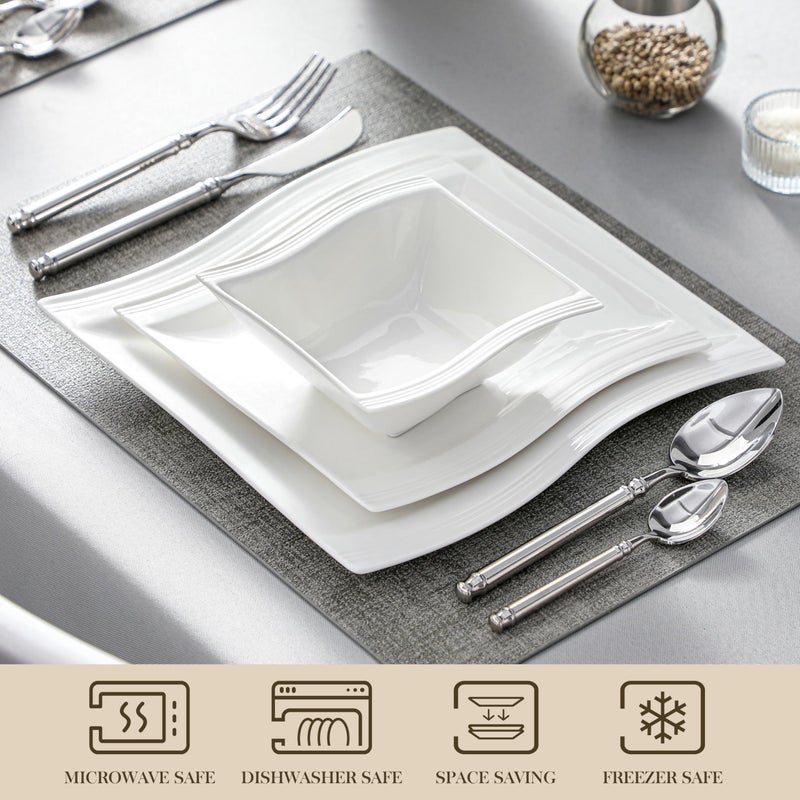 MALACASA Ivory White Dinnerware Set, 12 Pieces - Porcelain Dinner Plates, Dessert Plates and Bowls, Square Flora Pattern - Image 4