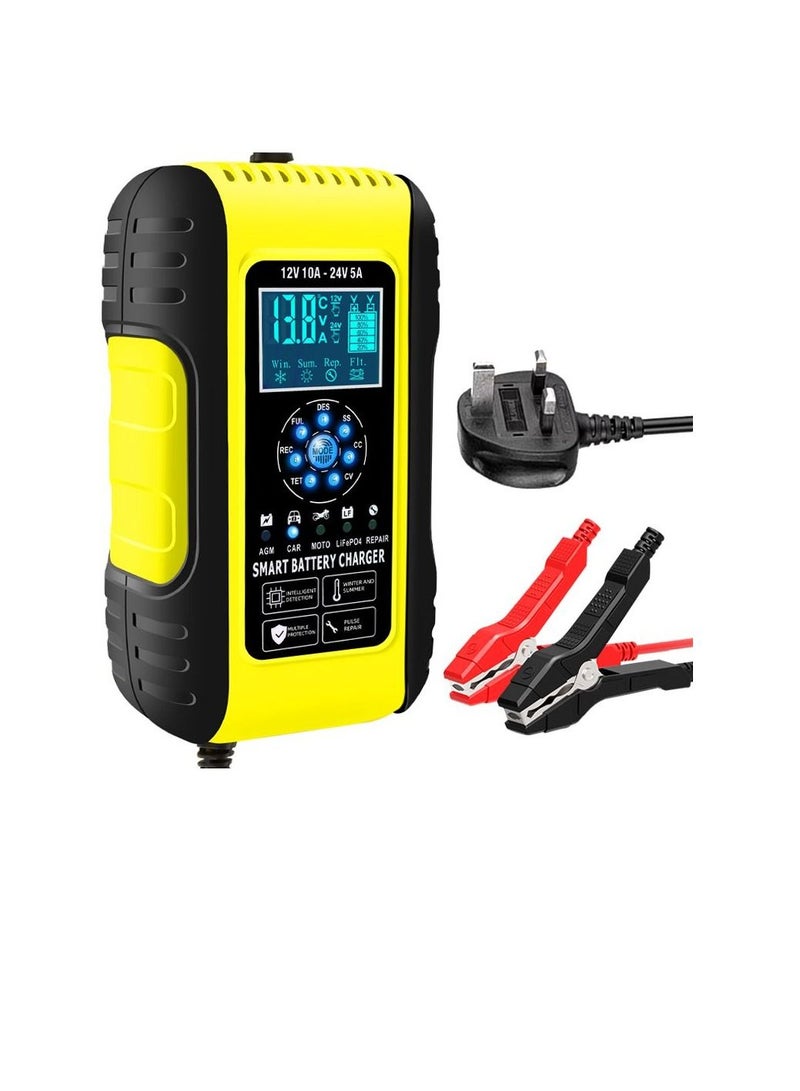 Generic Car Battery Charger, 12V 10A/24V 5A Smart Automatic Battery Automotive 7-Stage Charging Battery Maintainer with Pulse Repair Function, Trickle Charger for Car Truck Motorcycle Lawn Mower Boat  - Image 1