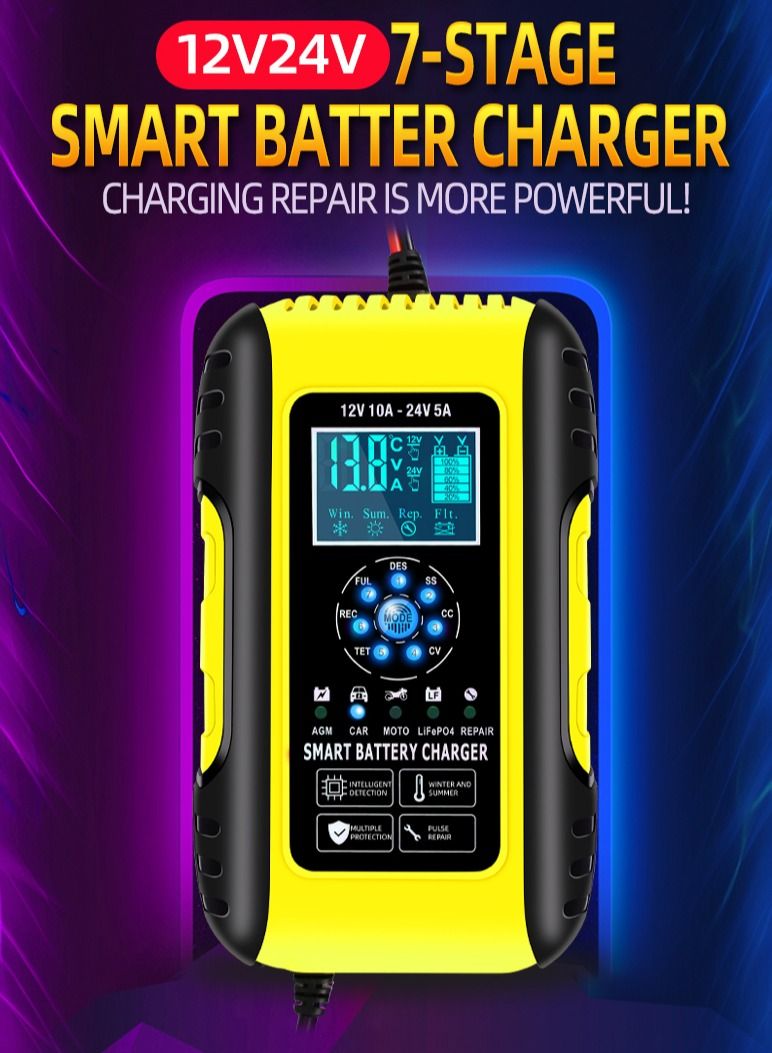 Generic Car Battery Charger, 12V 10A/24V 5A Smart Automatic Battery Automotive 7-Stage Charging Battery Maintainer with Pulse Repair Function, Trickle Charger for Car Truck Motorcycle Lawn Mower Boat  - Image 3