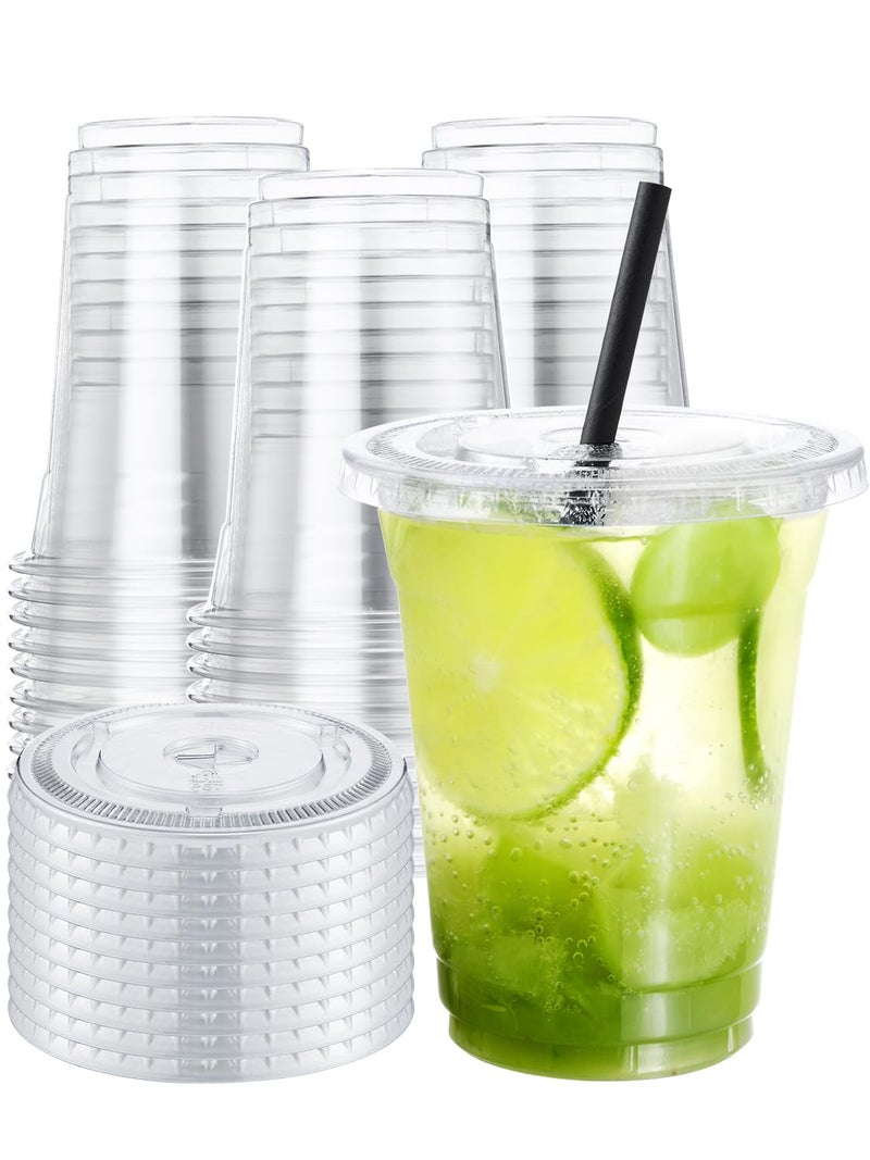 NEEBAKE 150 Sets 12 oz Clear Plastic Cups With Lids  Disposable Party Cups for Ice Coffee Smoothie Cold Drinks