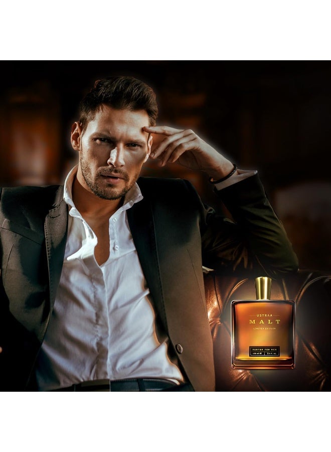 Ustraa Gift for Men - Malt Premium Perfume 100ml | Long-Lasting, Strong & Smooth, Musky Woody Fragrance, Luxurious Glass Bottle, Perfect Gift for Him - Image 3