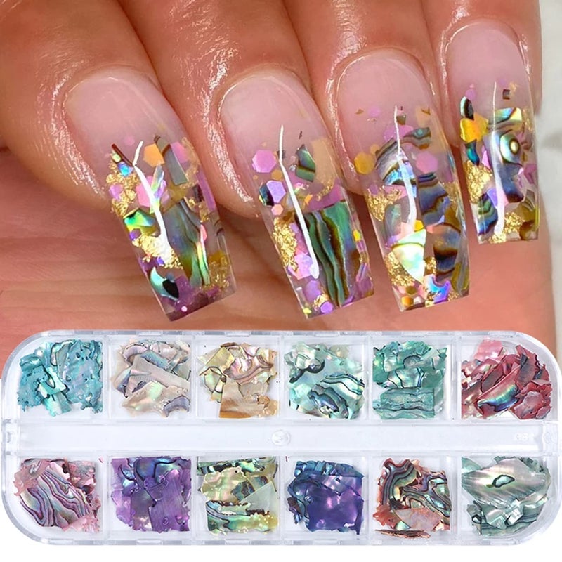 Onsdag Abalone Seashell Nail Art Slices Holographic 3D Mermaid Irregular Nail Art Glitter Flakes Ocean Beach Shell Nail Sequins Supplies for Women Girls Manicure Sparkly Decoration DIY Resin Nail Art Tips - Image 3