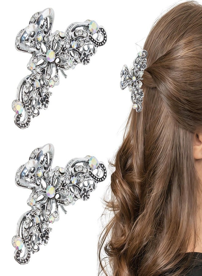 LAPOHI 2PCS Rhinestone Hair Claw Clips for Women Fancy Silver Claw Clips with Strong Hold Vintage Fashion Crystal Hair Accessories for Wedding Date Party Daily - Image 1